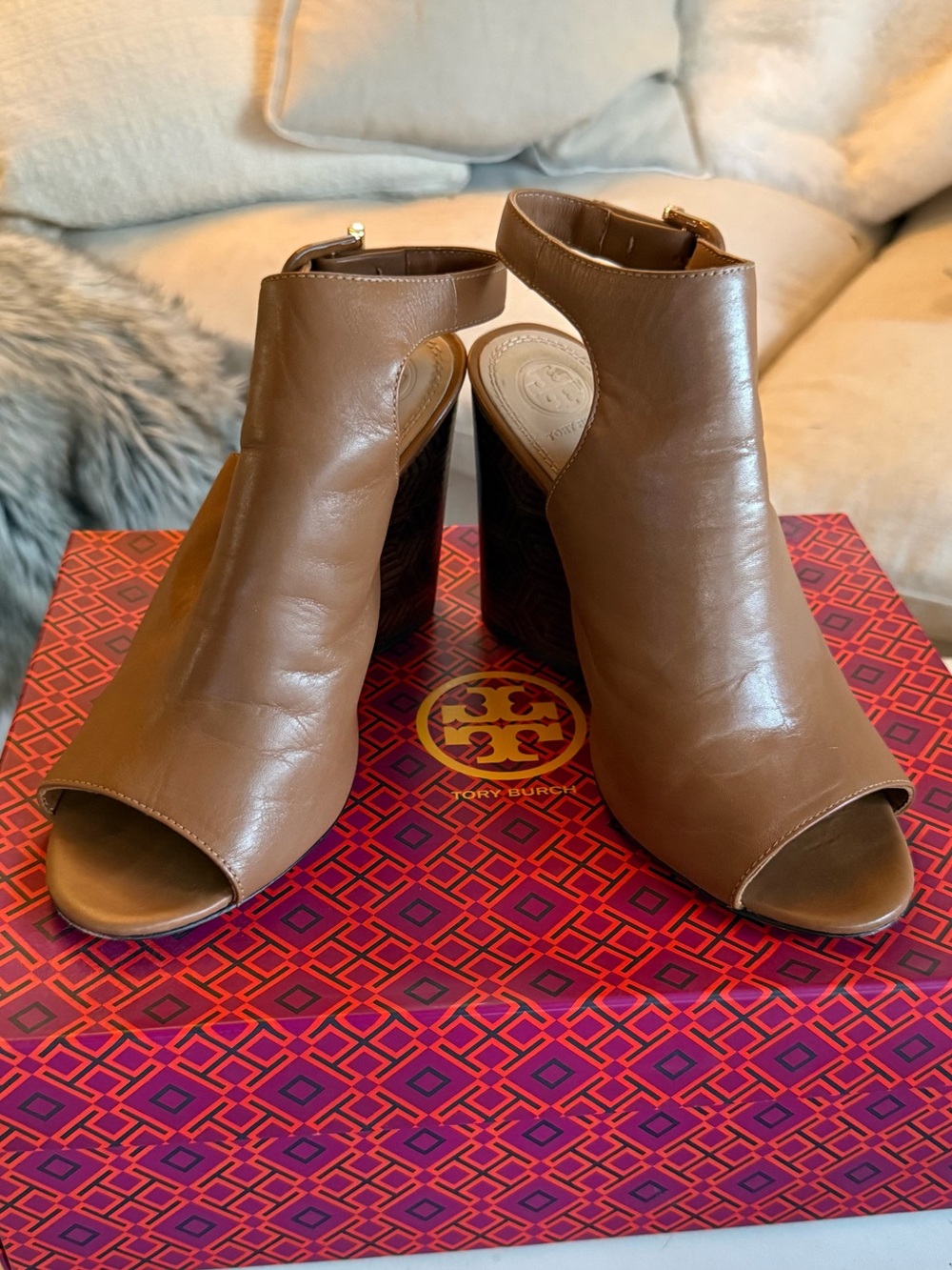 Tory Burch Brown Leather Peep-Toe Ankle Bootie Heels